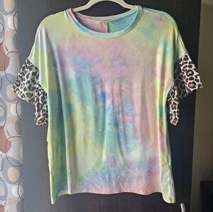 Multicolor Tie-Dye Top with Leopard Sleeves